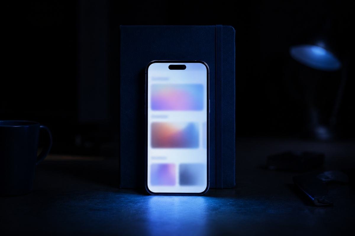 Smartphone propped against a navy notebook showing a blurred social feed, lit blue in a dark room