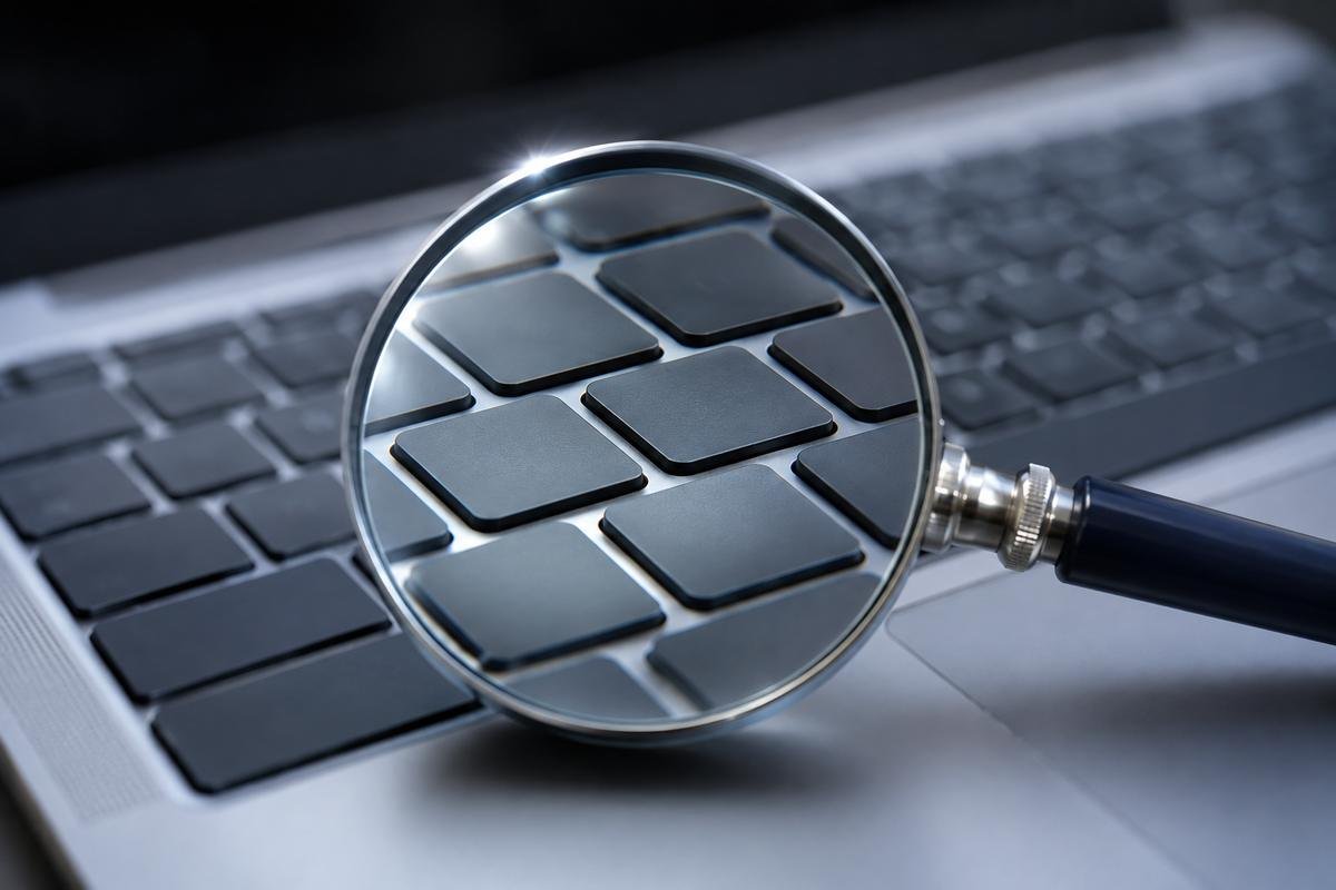Magnifying glass resting on a laptop keyboard, its lens enlarging the keys, a search and SEO motif