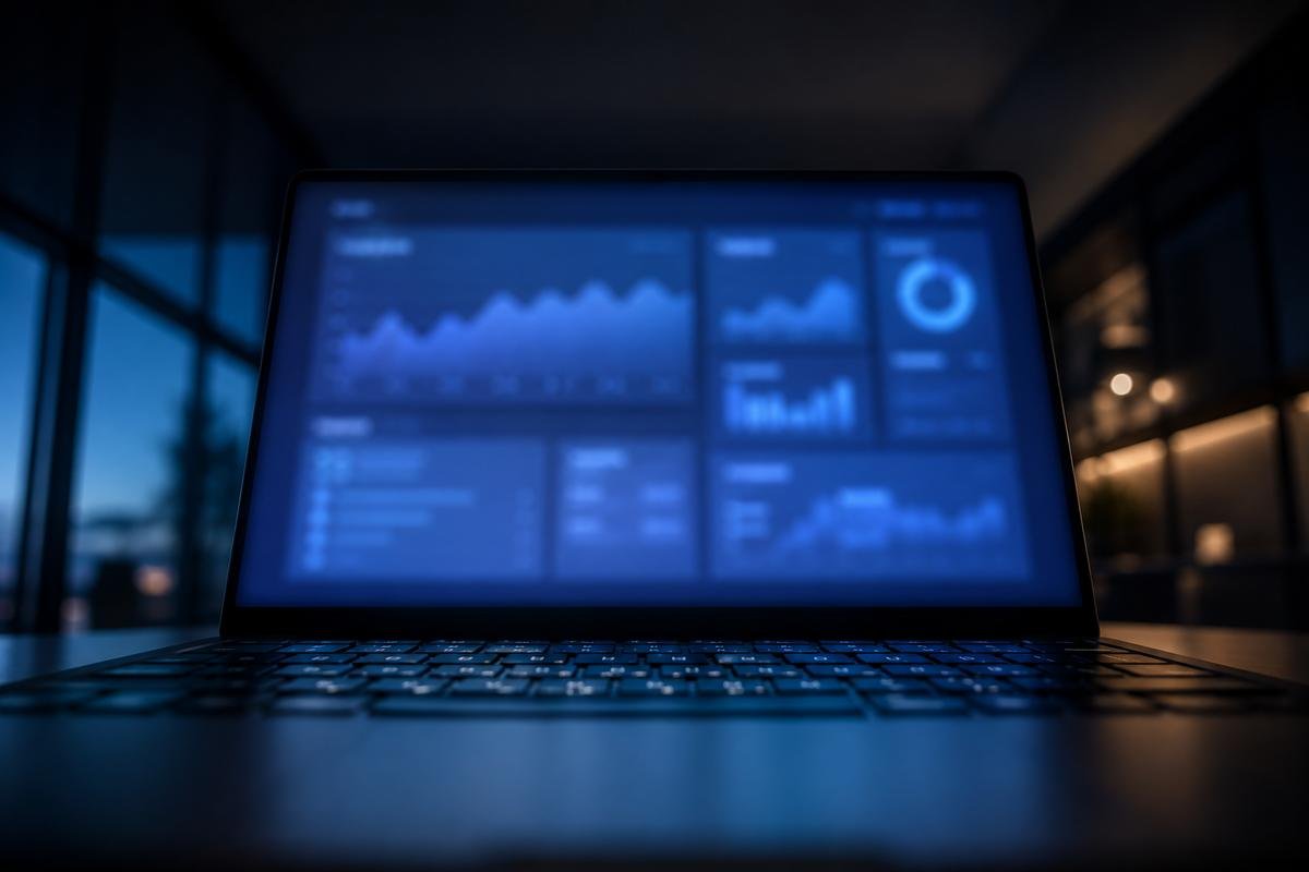 Laptop glowing in a dark office, screen showing a blurred blue dashboard with trend lines, bars and a ring chart
