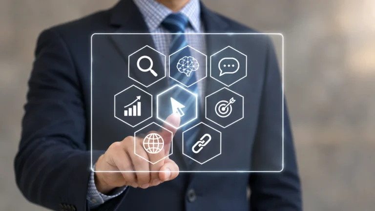 A businessman pressing a glass panel of search, AI, answer and click icons, his finger on the click icon