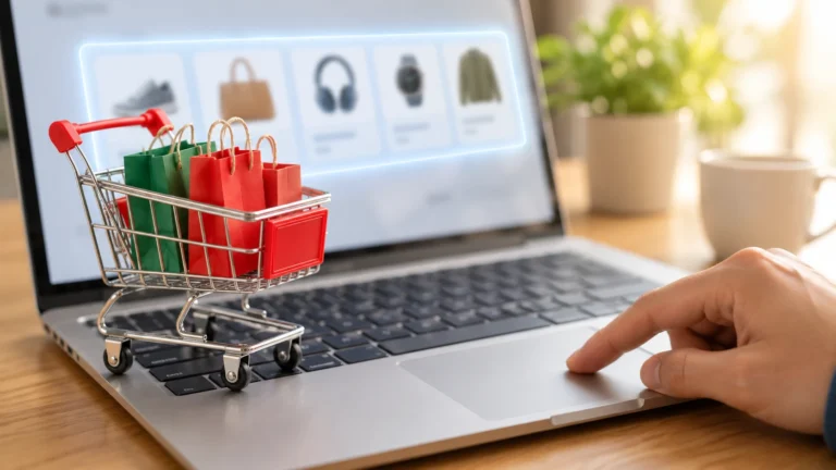 A miniature shopping trolley of bags on a laptop showing a row of product results, a finger about to click