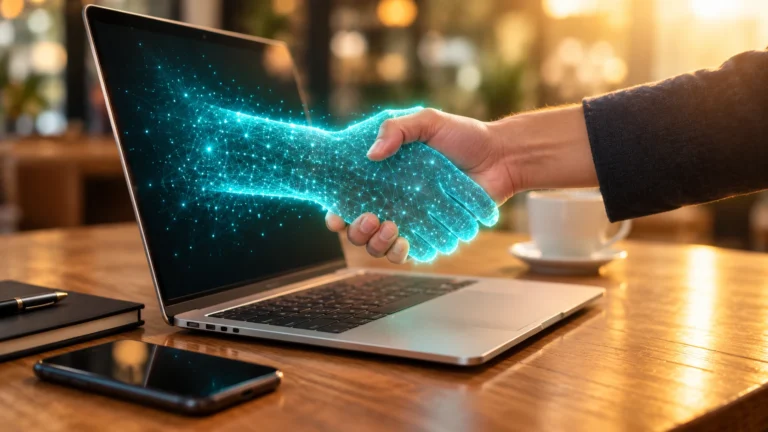 A glowing digital hand reaching out of a laptop to shake a human hand