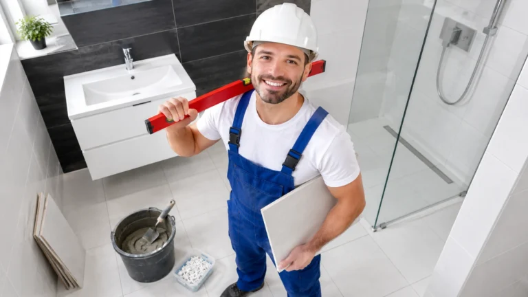 A smiling bathroom fitter with a spirit level and a tile in a freshly tiled bathroom