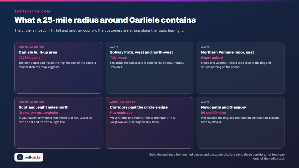 What a 25-mile radius around Carlisle contains - The circle is mostly firth, fell and another country; the customers are