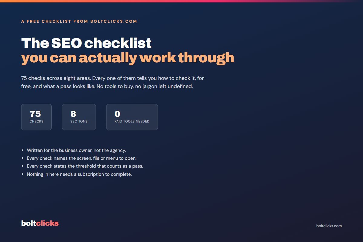Cover of the free SEO checklist, dark navy with the title and the count of seventy-five checks