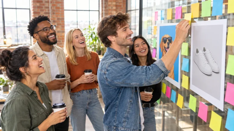 A creative team laughing as they pin two ad versions, a cartoon dog and a pair of trainers, to a glass wall