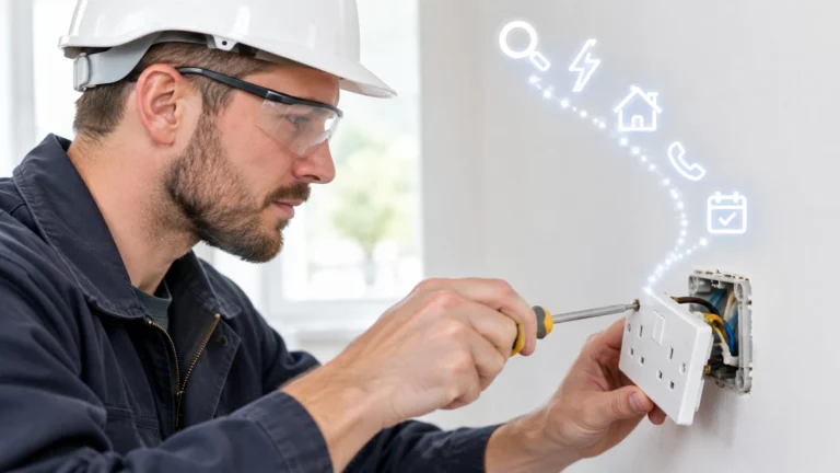 An electrician fitting a wall socket, with icons for a search, a call and a booked job rising beside him