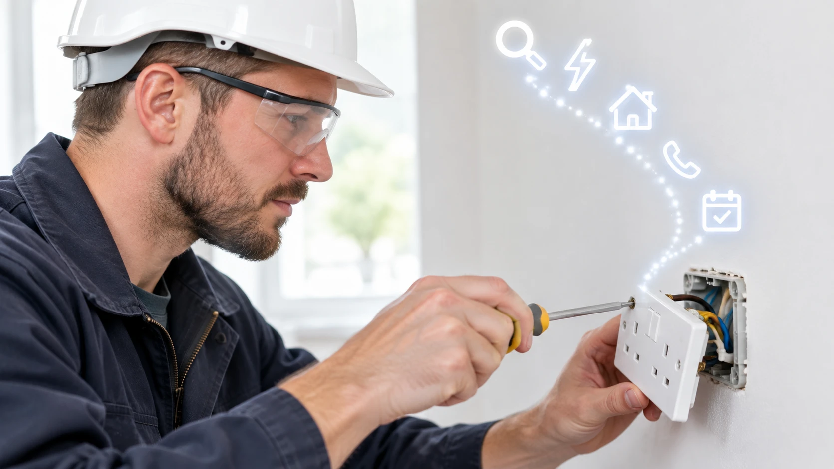 An electrician fitting a wall socket, with icons for a search, a call and a booked job rising beside him