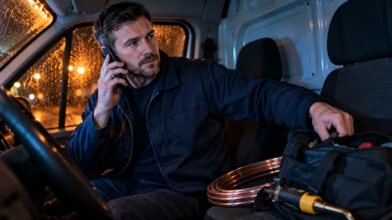 A plumber in his van at night taking a call and reaching for his tool bag