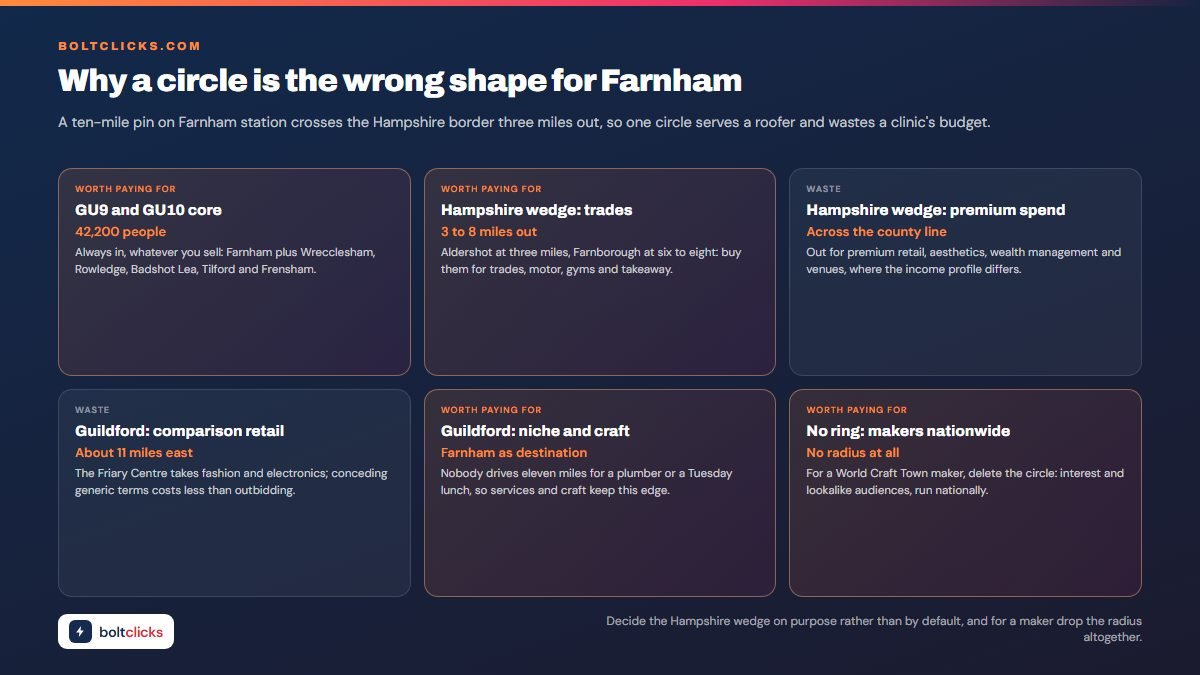 Why a circle is the wrong shape for Farnham - A ten-mile pin on Farnham station crosses the Hampshire border three miles