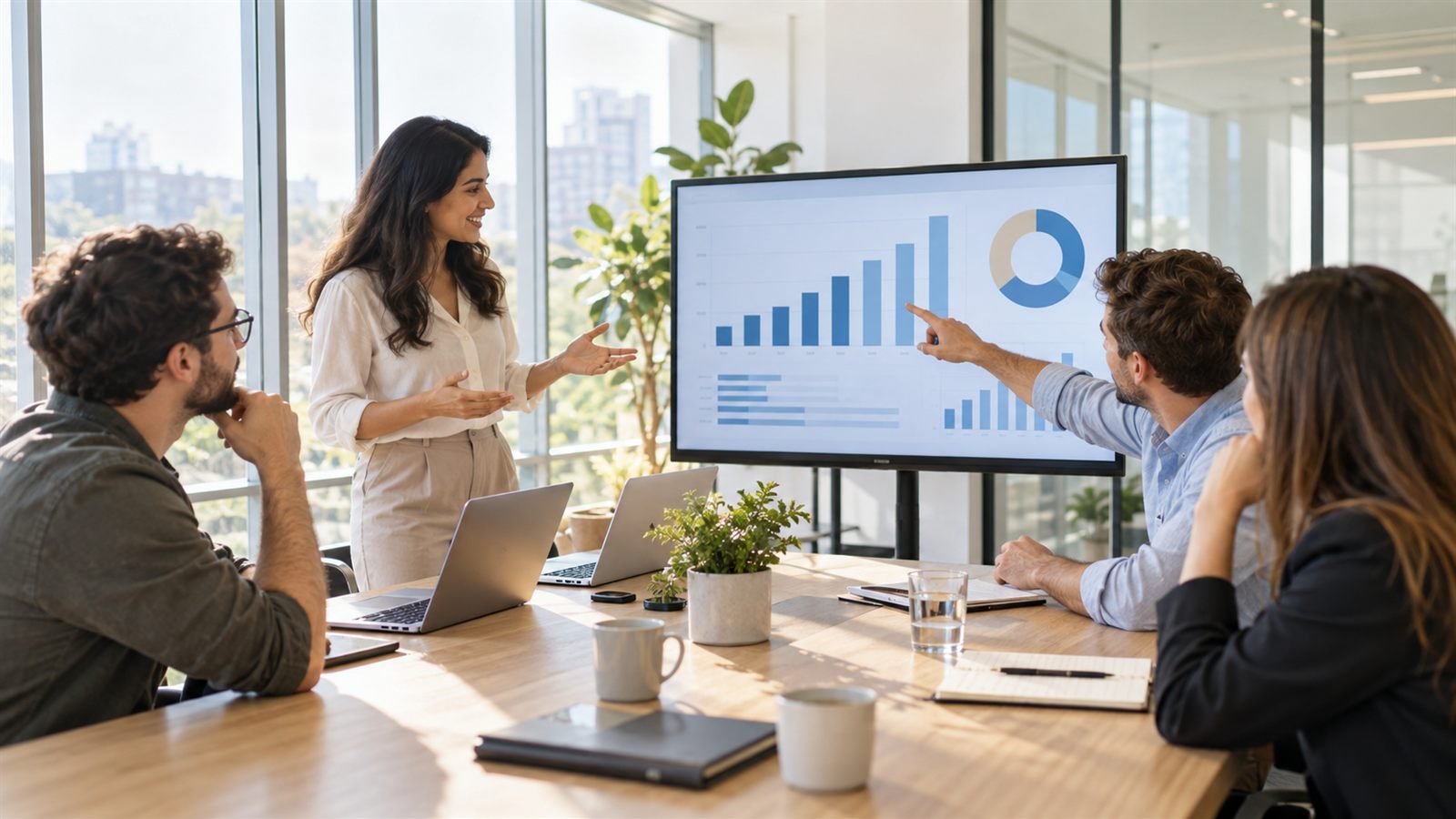 A team reviewing campaign performance charts on a large screen in a bright meeting room