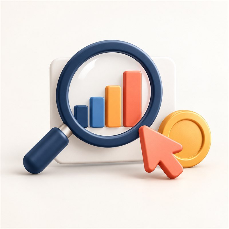 Magnifying glass over a bar chart with a cursor and a coin