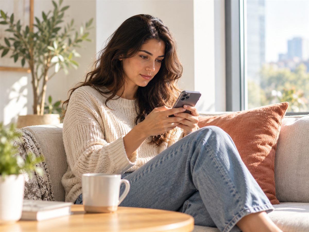 Someone searching on a phone at home, the moment intent begins