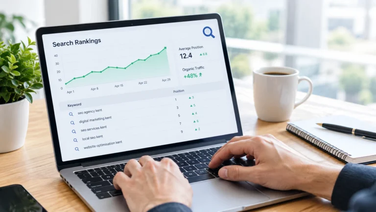 Hands typing on a laptop showing a search rankings report with a rising line chart and Kent keywords