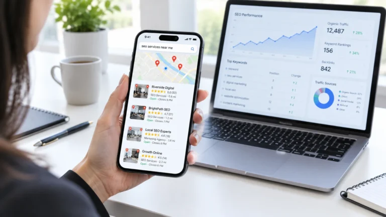 A hand holding a smartphone showing local map results with star ratings, a laptop SEO report behind