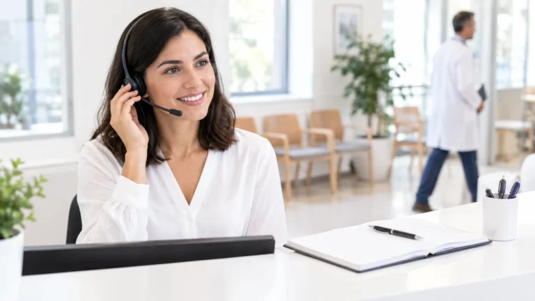 A smiling clinic receptionist taking a patient’s call on a headset beside an open appointment book