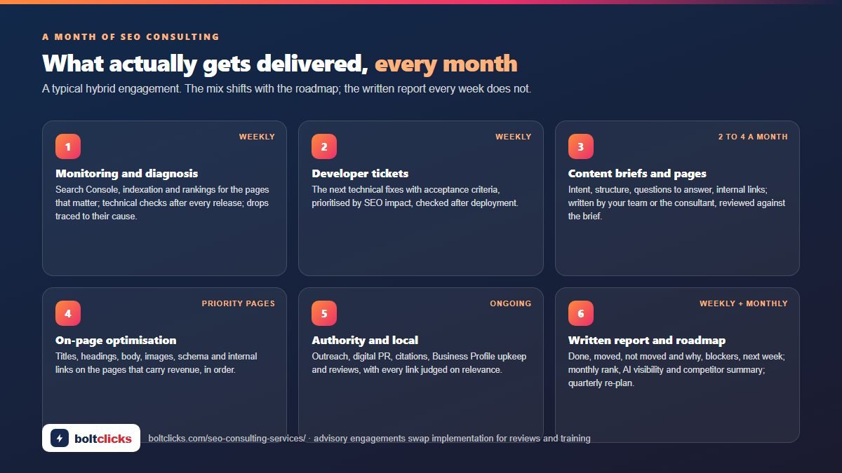 What an SEO consultant delivers each month: audit, technical tickets, content briefs, on-page work and reporting