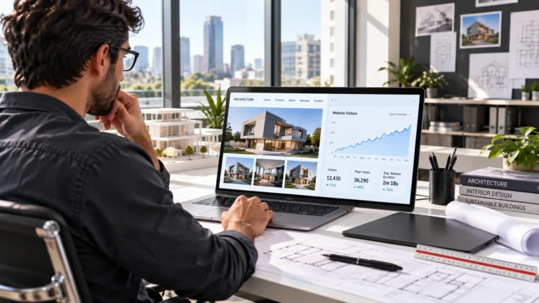 An architect at a desk viewing a practice website and visitor chart, with floor plans and a model building
