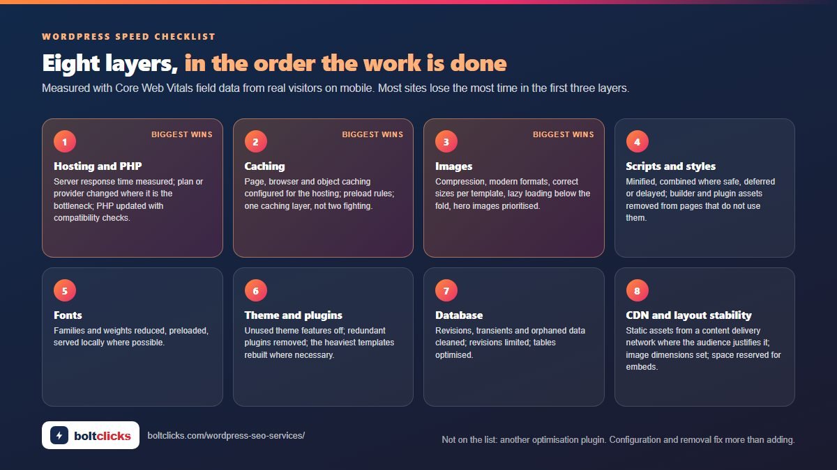 WordPress speed checklist: hosting and PHP, caching, images, scripts and styles, fonts, database, theme and plugins, CDN
