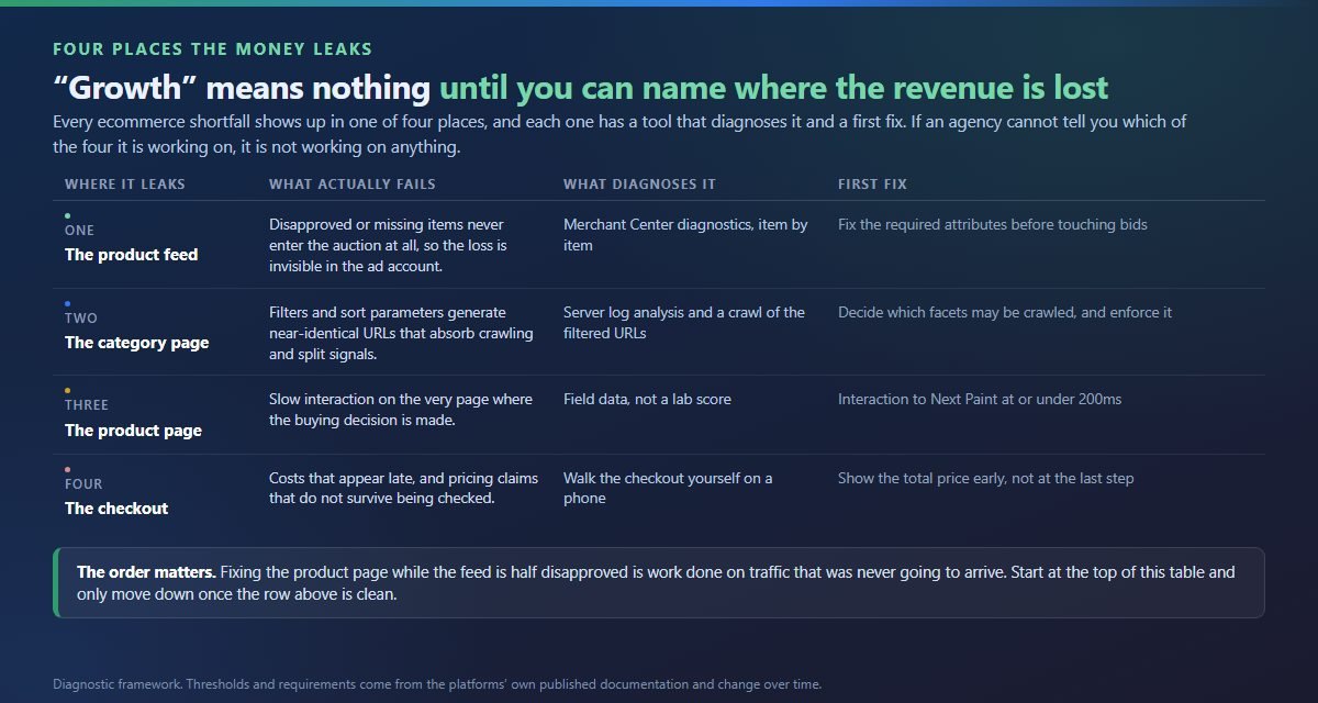 Table mapping the four ecommerce revenue leaks to the tool, the threshold and the first fix