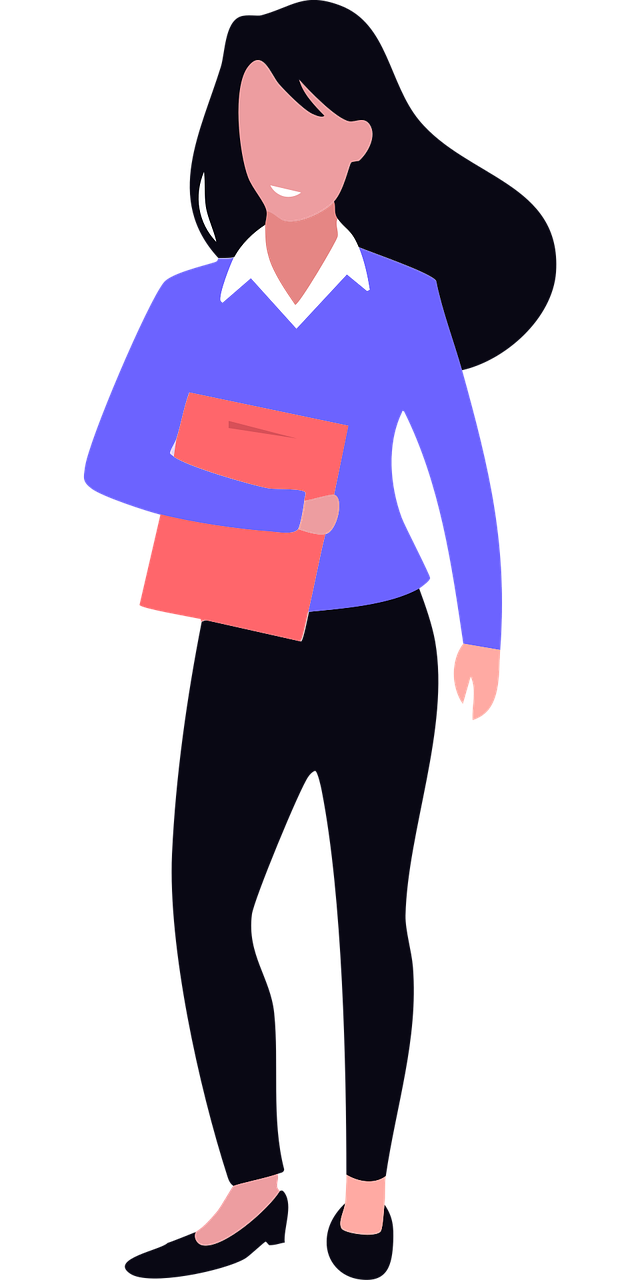 Flat vector character of a smiling woman in a purple jumper holding a red folder under her arm