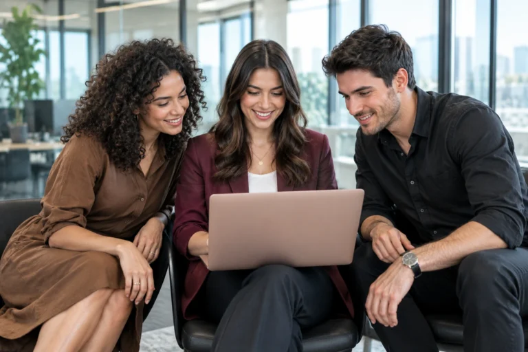 Marketing work reviewed around one laptop