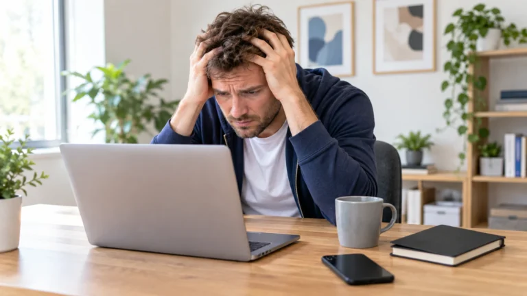 A worried business owner at his laptop with his hands in his hair