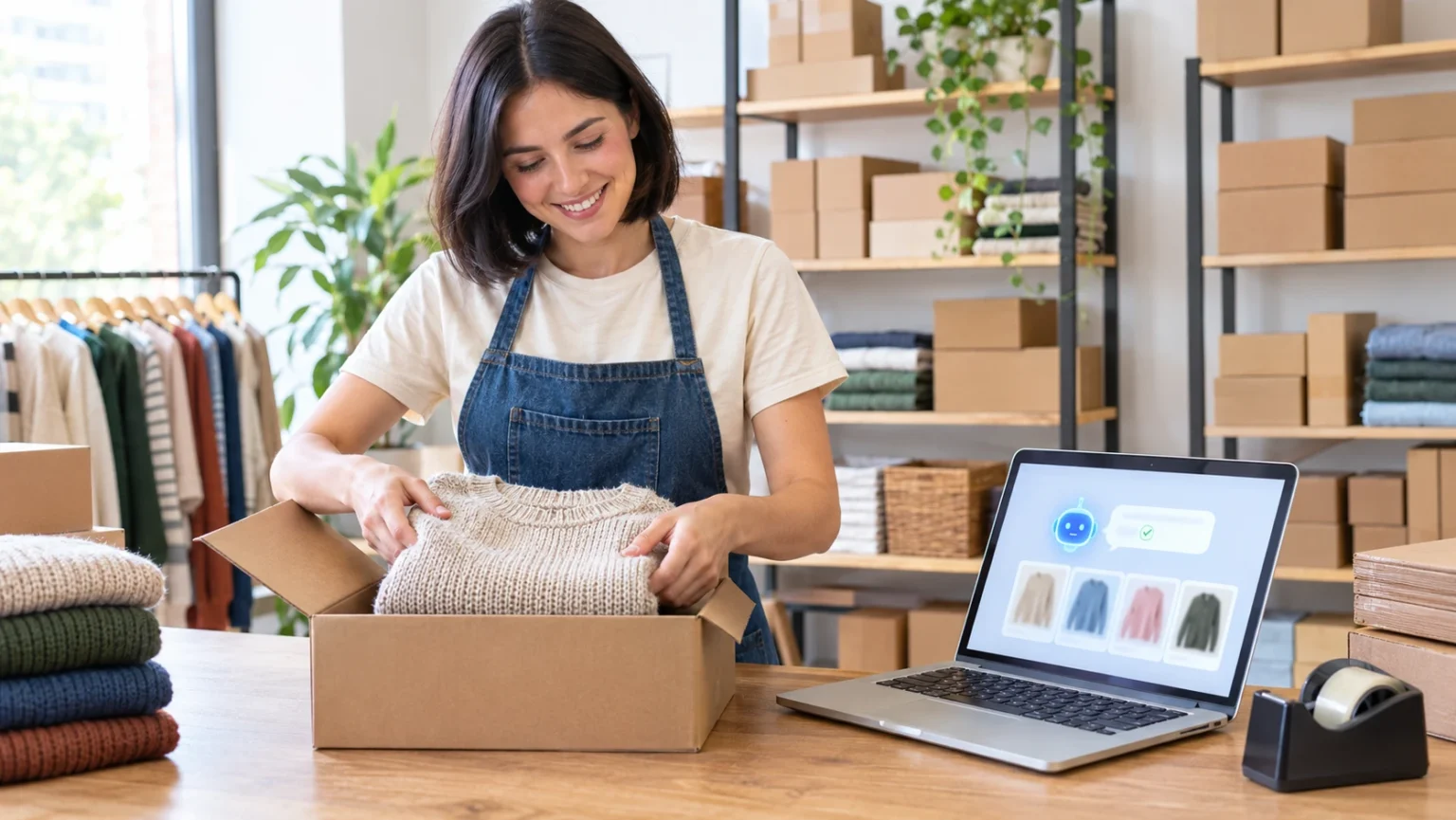 An online retailer packing a jumper into a box beside a laptop where an AI assistant has picked a product