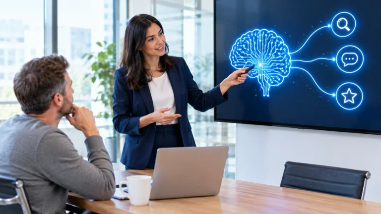 An AI SEO consultant showing a business owner a glowing brain linked to search, answer and review icons