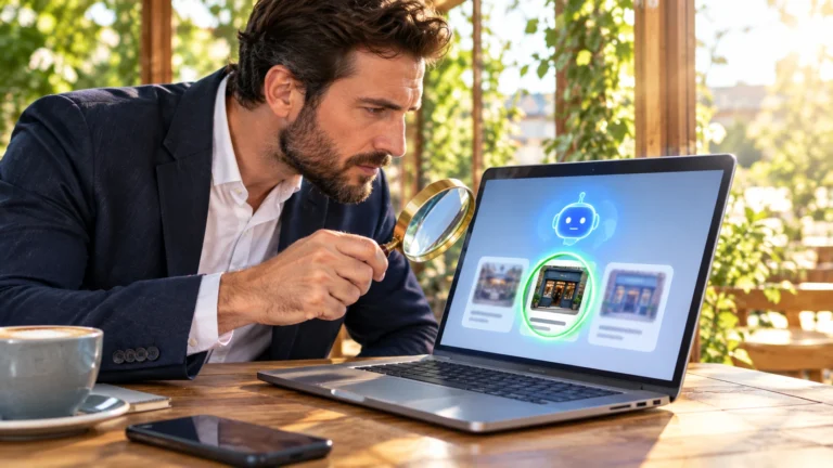 A business owner at a café laptop checking an AI answer through a magnifying glass, his shop highlighted among the results
