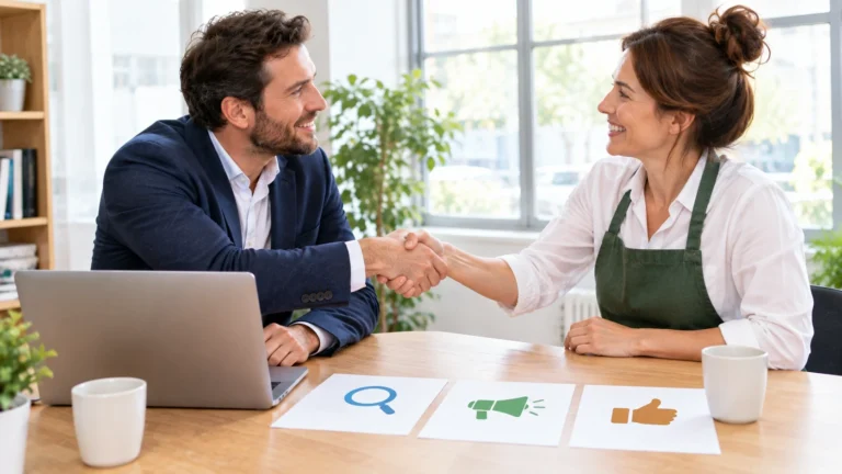 A digital marketing consultant shaking hands with a local business owner over search, ads and social icons