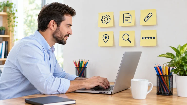 An SEO expert at his laptop in front of sticky notes for technical, content, links, local, search and reviews