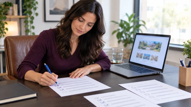 A business owner ticking a printed SEO checklist beside her laptop