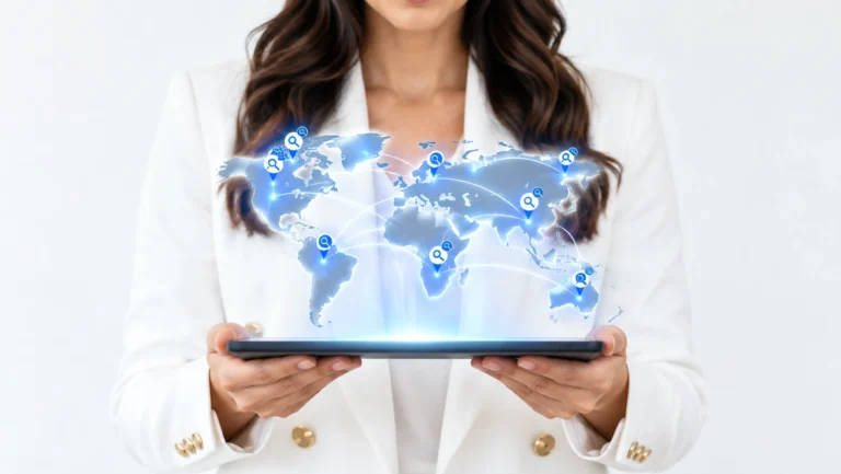 A specialist holding a tablet with a glowing world map of search pins linked across several countries