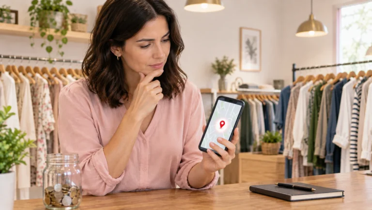A boutique owner looking at her shop’s pin on a phone map, a jar of coins on the counter