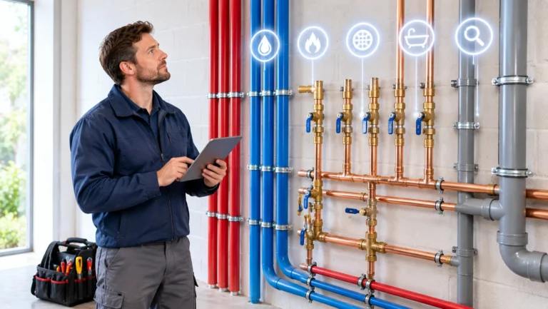 A plumber with a tablet in front of new pipes, icons for leaks, boilers, drains, bathrooms and search above them