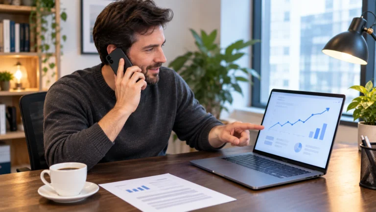 A Google Ads specialist on a call with a client, pointing at a rising chart on his laptop