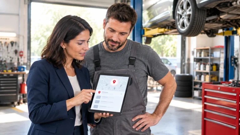 An SEO consultant showing a garage owner his business at the top of a local map on a tablet