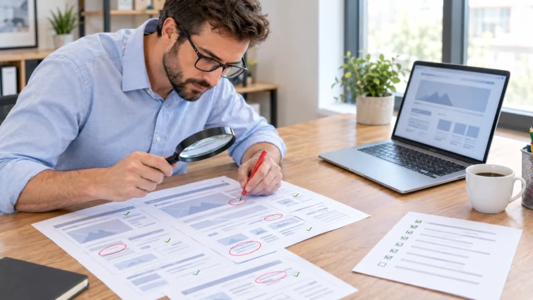 An SEO audit consultant checking printed page layouts with a magnifying glass, circling problems in red