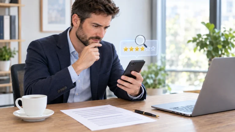 A business owner checking an SEO company’s star rating on his phone before signing an agreement