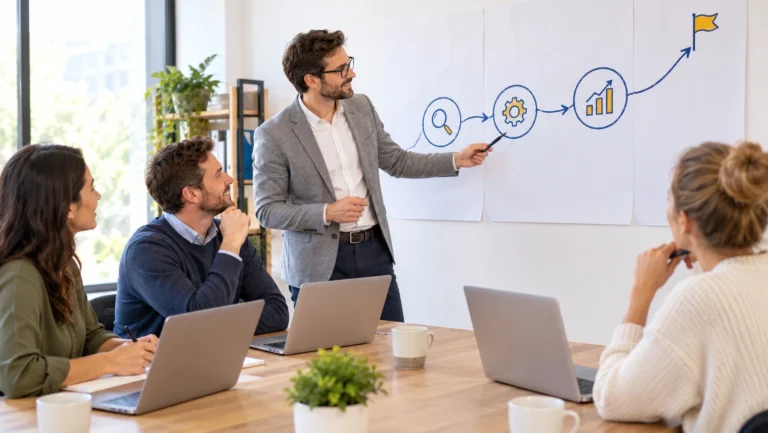 An SEO consultant walking a team through a drawn roadmap from audit to results