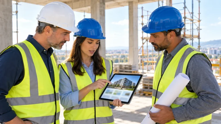 A marketing consultant on a building site showing a construction director a finished project on a tablet