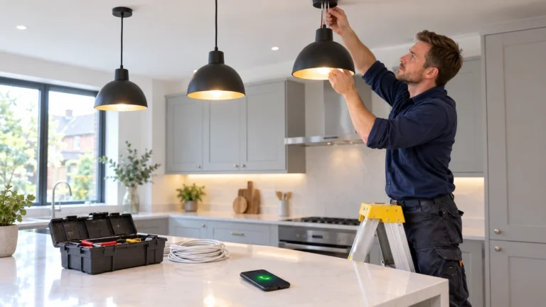 An electrician fitting pendant lights in a new kitchen while a call comes in on his phone