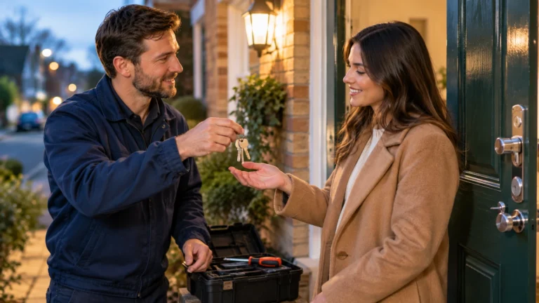 A locksmith handing new keys to a smiling homeowner at her front door after fitting a new lock