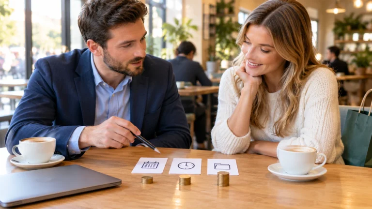 An SEO consultant explaining monthly, hourly and project pricing to a business owner over coffee