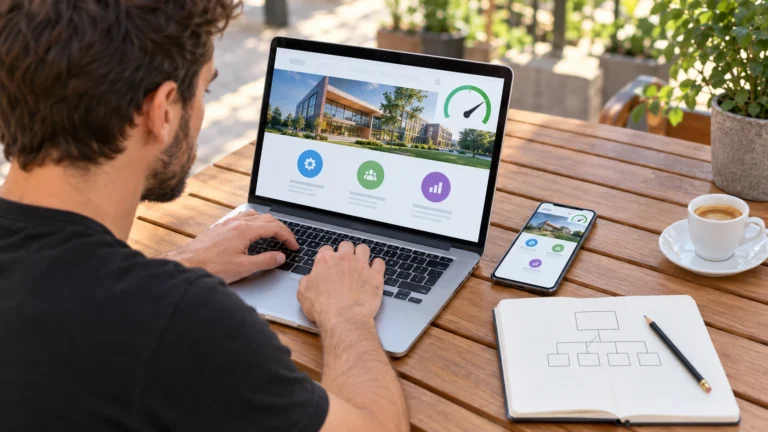A WordPress SEO specialist at a café laptop showing a fast business website, the same page on a phone and a site structure sketch