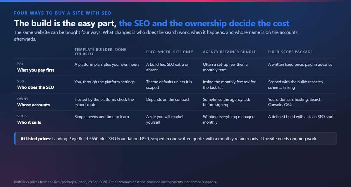 Four ways to buy a website with SEO, compared on upfront cost, who does the SEO, who owns the accounts and who it suits