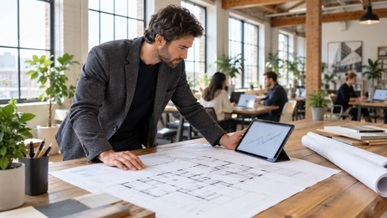 An architect comparing printed floor plans with a chart on a tablet in a bright loft studio