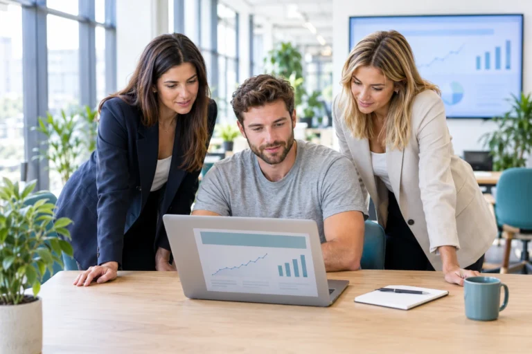 Two account managers and an SEO specialist reviewing a client report on a laptop in a bright office